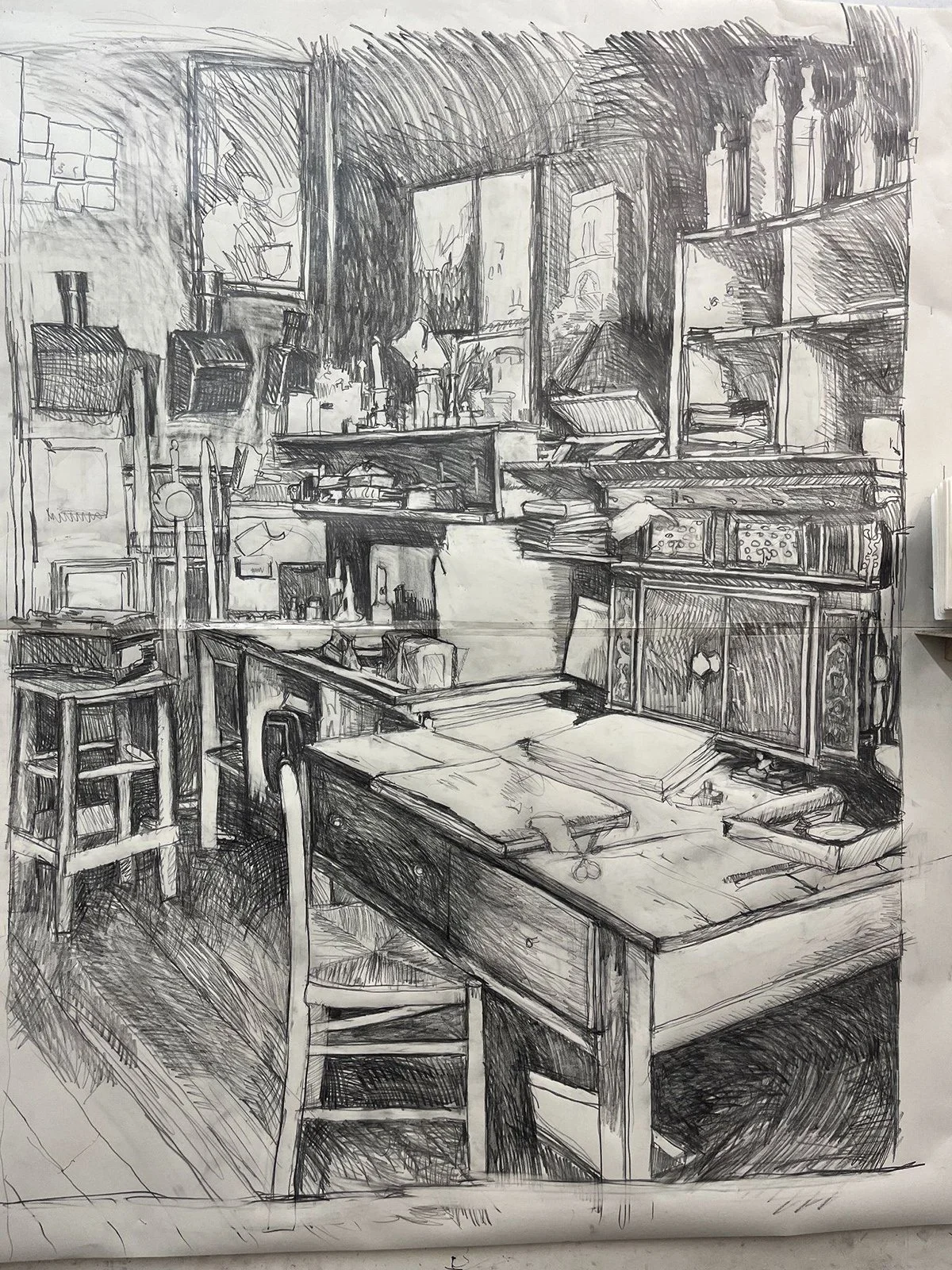 65 x 51 inch drawing of the photo L'atelier d'Atget by Eugène Atget, depicting a desk, chair and stool in a cramped room