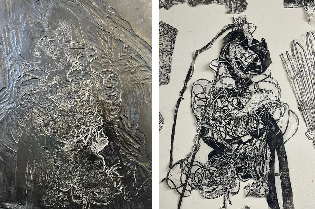 A wood cut block of a tangle of string and its corresponding print