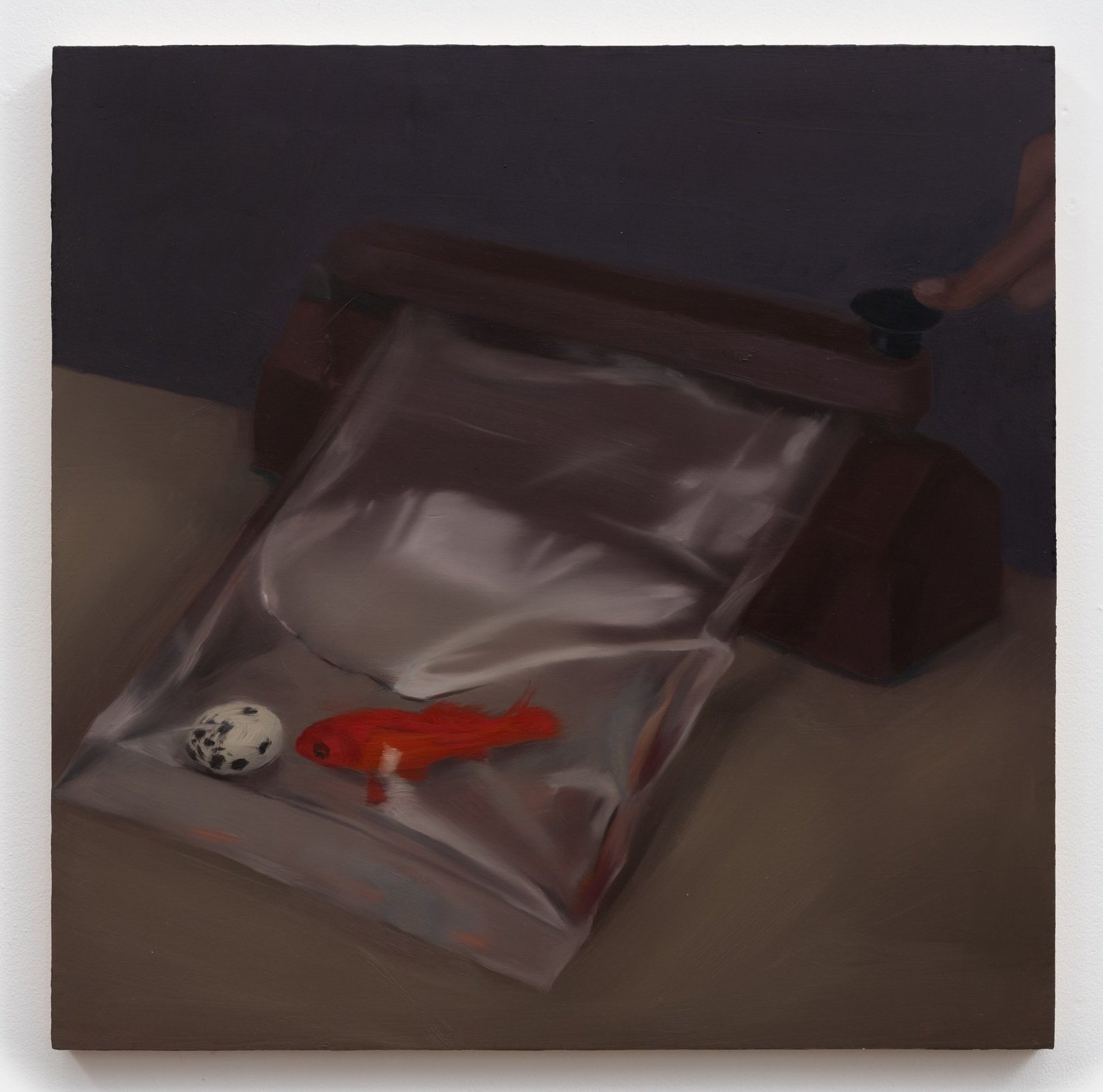 Encounter- sealed bag oil on panel 20inches x 20inches 2023