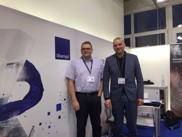 Philip Schaer, Head Customer Relation Europe, Bluesign, and Alex Ingildsen, CCO at LTP Group, at bluesign stand in Performance days - Nov2016 