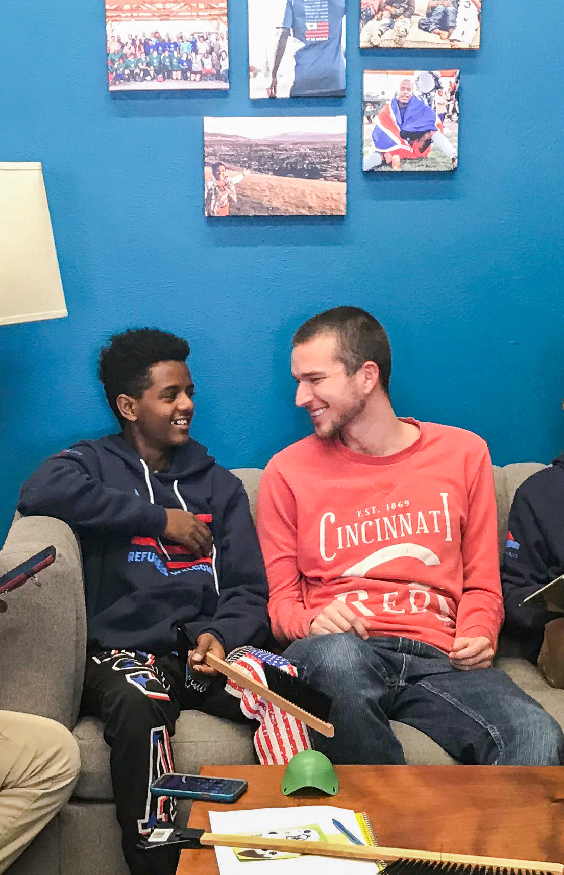 Chase hanging out with a refugee teen during after school tutoring
