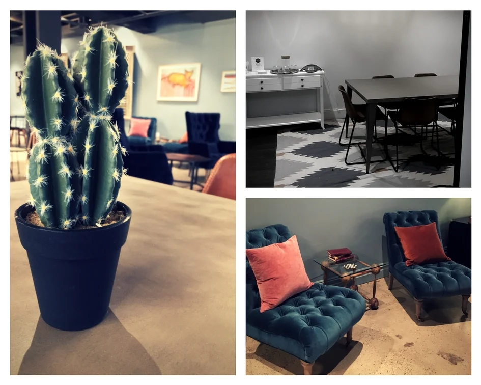 Fig 5A: (left) cactus on meeting table; Fig 5B: (top right) conference room available for renting; Fig 5C (bottom right) extra seating.