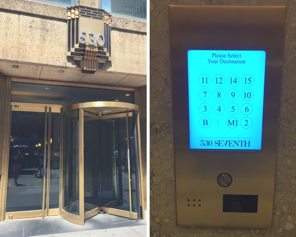Fig 1A: (left) revolving door to building; Fig 2A: (right) keypad near elevator.