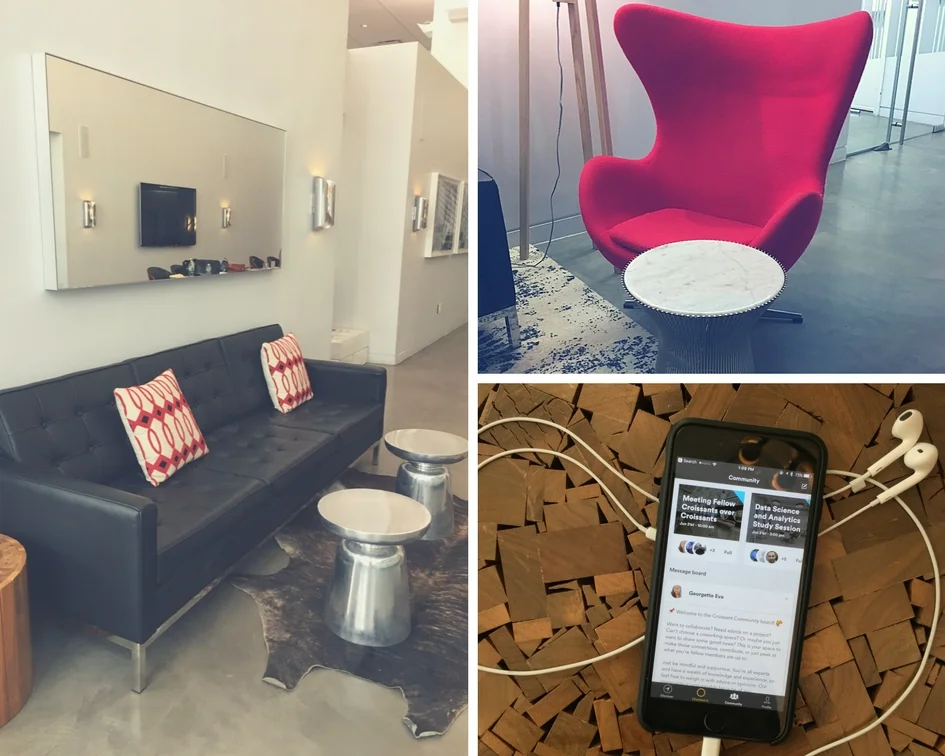 Collage: Detail snaps of lounge areas scattered around the space.