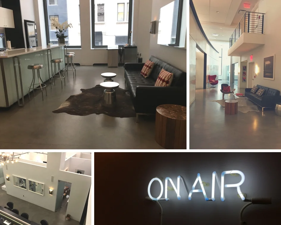 Fig 5A: (top left) Lounge and kitchen near windows; Fig 5B: (top right) lounge area when you first come in; Fig 5C: (bottom left) Sky view of the offices in the space; Fig 5D: (bottom right) neon sign.