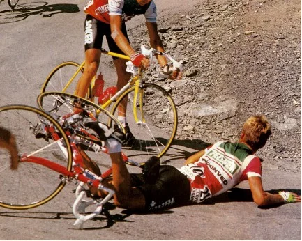 Tour de France crash at the top of the Galibier - rookie move! 