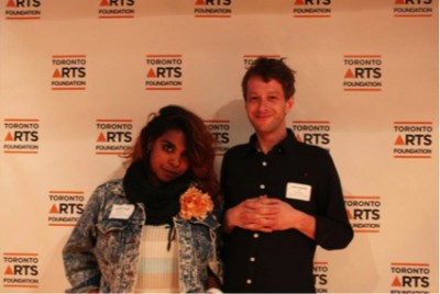 CUE's Creative Directors happy as goats at the Toronto Arts Foundation pre-awards party