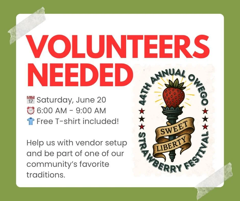 🍓 Volunteers Needed for Strawberry Festival! 🍓

We&rsquo;re looking for volunteers to help make the Strawberry Festival on Saturday, June 20 a success!

📅 Saturday, June 20
⏰ 6:00 AM - 9:00 AM
👕 Free T-shirt included!

Help us with vendor setup a