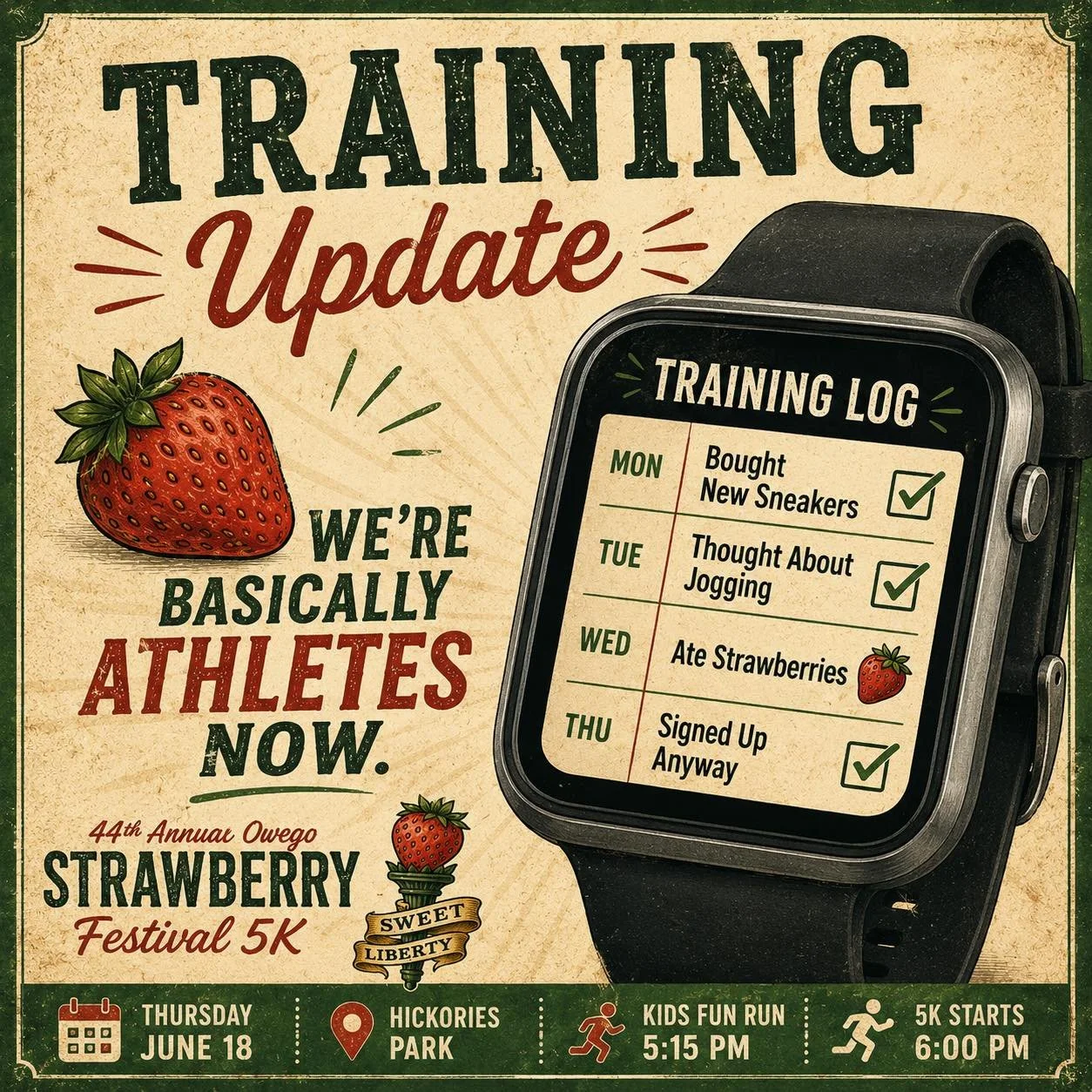 Training Update:

✔ Bought new sneakers
✔ Thought about jogging
✔ Ate strawberries

We&rsquo;re basically athletes now.

Who&rsquo;s joining us for the Strawberry Festival 5K on June 18th? 🍓 Tag A Friend!