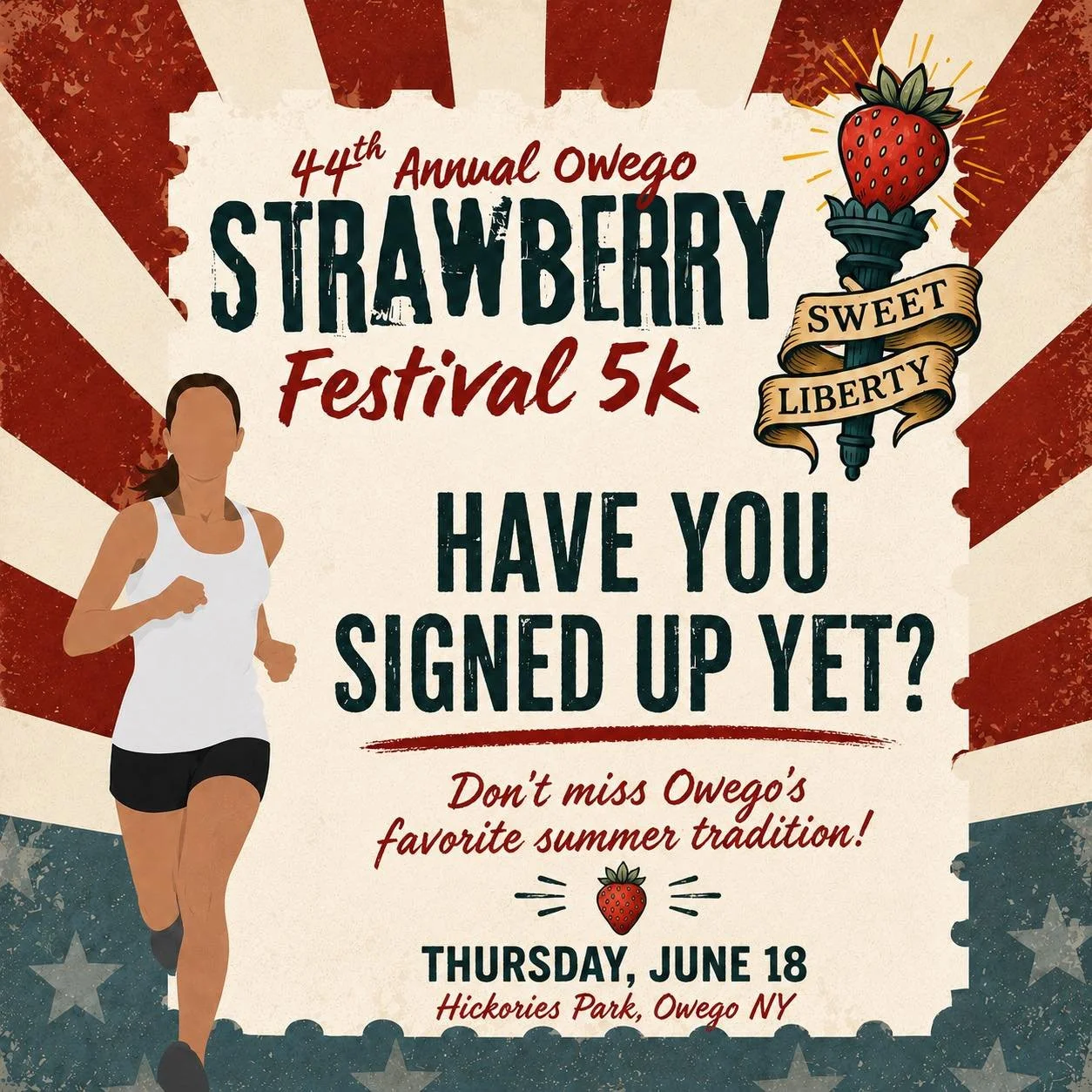 Join us for the 44th Annual Owego Strawberry Festival 5K on June 18 at Hickories Park.

🏃 Kids Fun Run &bull; 5:15 PM
🏃&zwj;♀️ 5K Start &bull; 6:00 PM

See you at the starting line!
