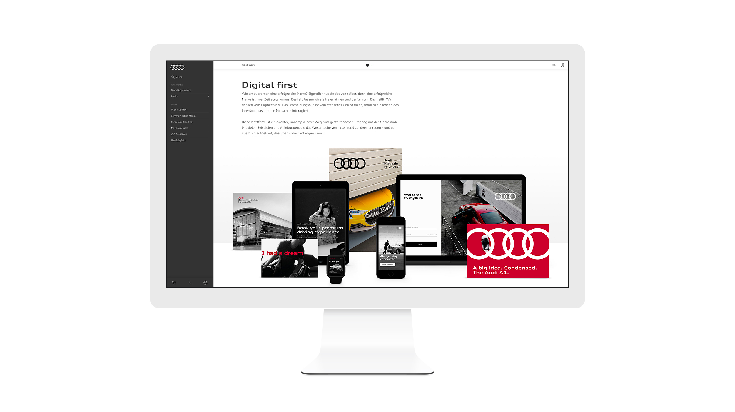 As lead Digital Designer I created and developed the look & feel of the new Audi User Interface and lead the design team in the development of the digital branding for use across multiple digital applications and devices. 