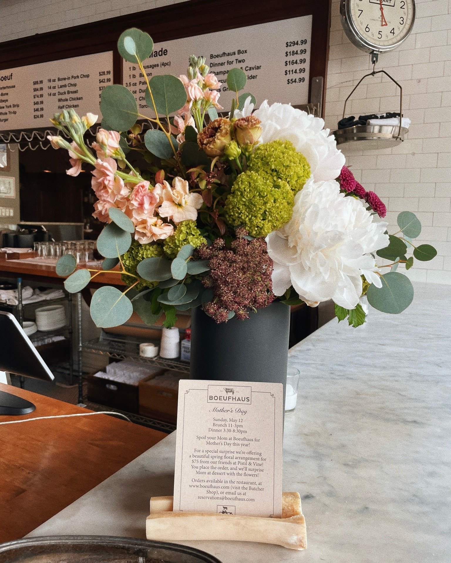 Mother's Day is one week away! Make your brunch or dinner reservation via Resy, then visit the Butcher Shop tab on our website and place an order for a beautiful floral arrangement from our friends at @pistilandvine and we'll surprise Mom at dessert!