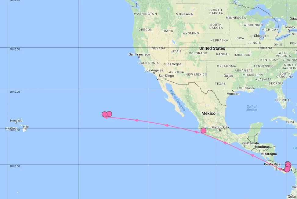 About 200 nautical miles (nm) west of Cabo San Lucas, Mexico