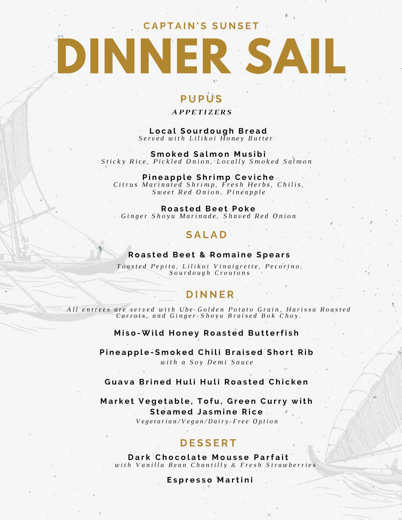 Trilogy's Captain Sunset Dinner Sail Food Menu