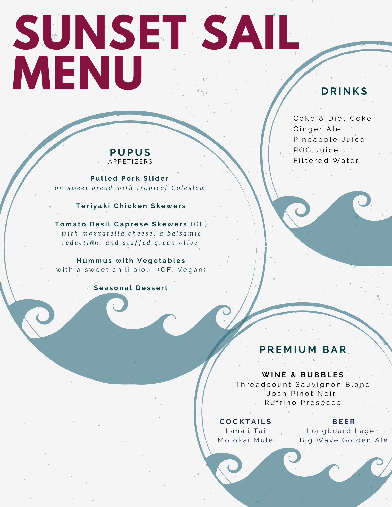 Trilogy Sunset Sail Menu