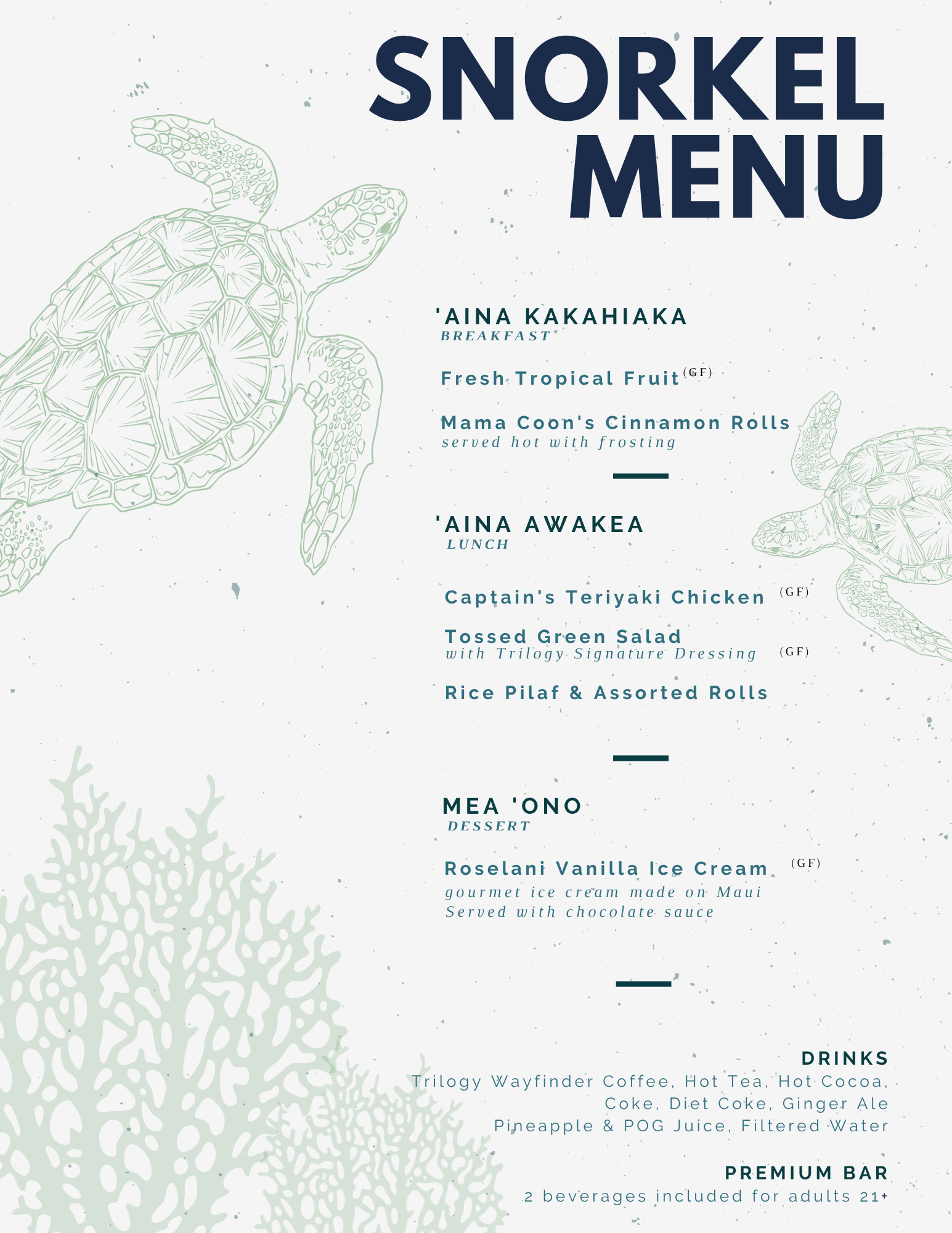Trilogy Snorkeling Menu