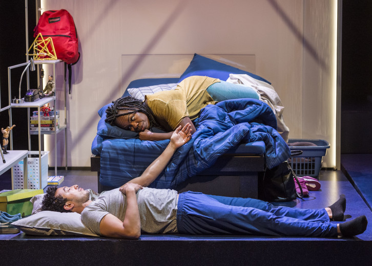 L-R: MJ (played by Wade Allain-Marcus) and Nkechi (played by Ngozi Anyanwu) share a tender moment. On stage at the Kirk Douglas Theater. Photo credit: Craig Schwartz.