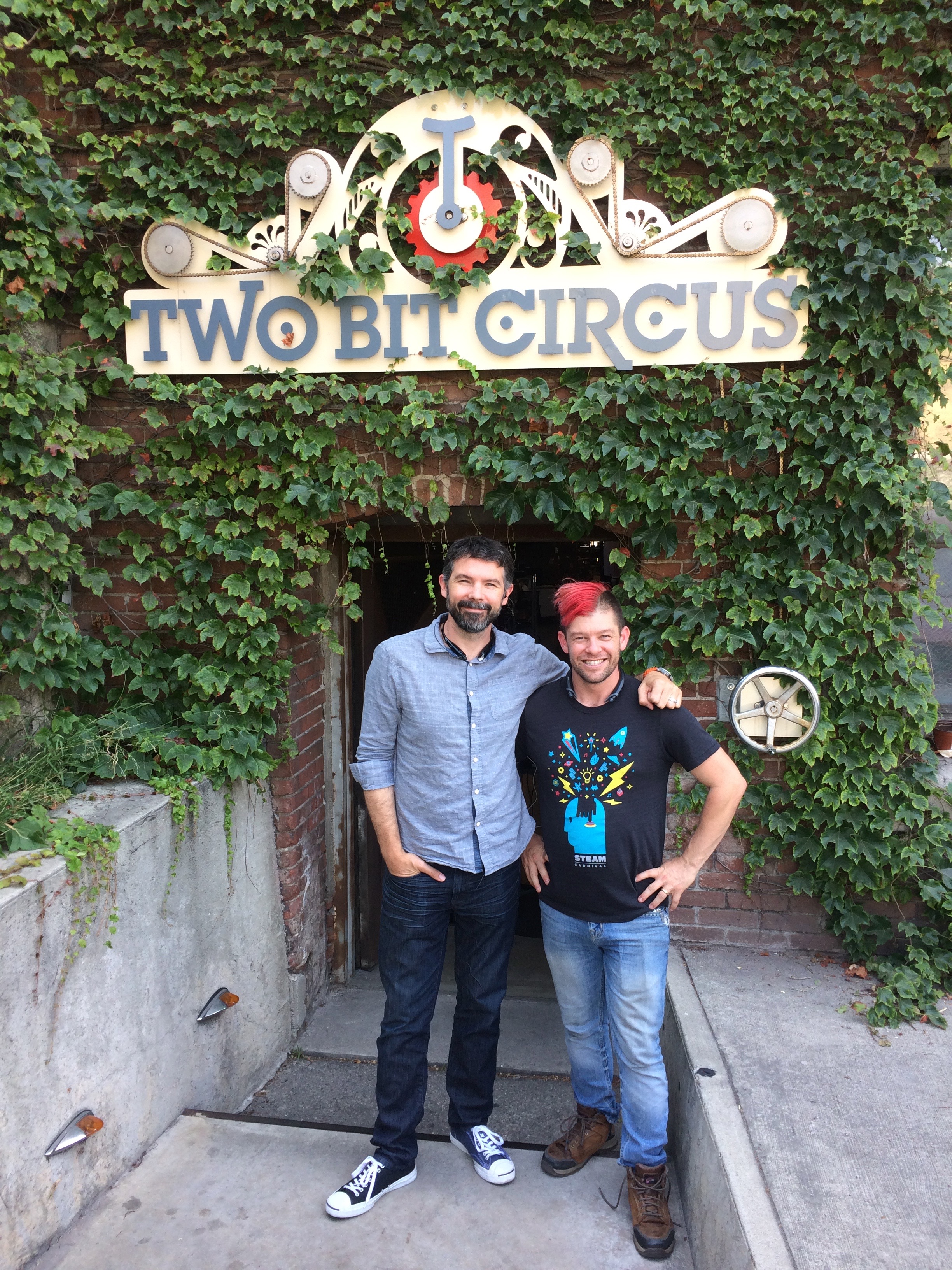 Two Bit Circus founders Brent Bushnell and Eric Gradman outside of the companies headquarters in Brewery Arts Complex in Los Angeles.