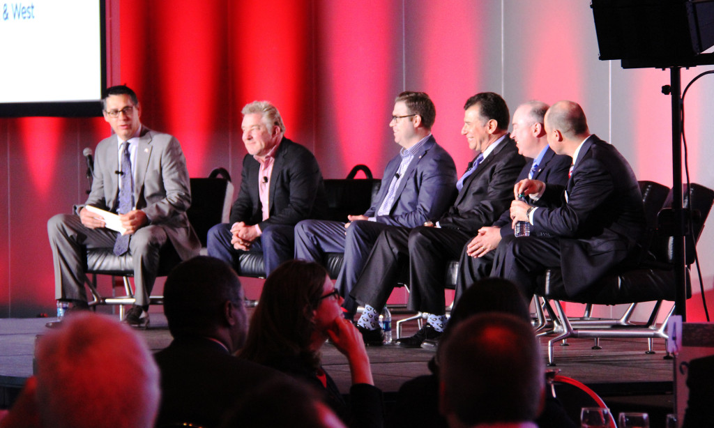 KC Smart Port’s “Disrupt – The Supply Chain” panel consisted of Mark Heinrich, Microsoft; Jeff Risley, Bartlett & West; Mitch Free, Cloud DDM; Dan Pinkham, Compass Minerals; and Andrew Ehlers, Zebra Technologies. Photo Credit: Kansas City Area Development Council.