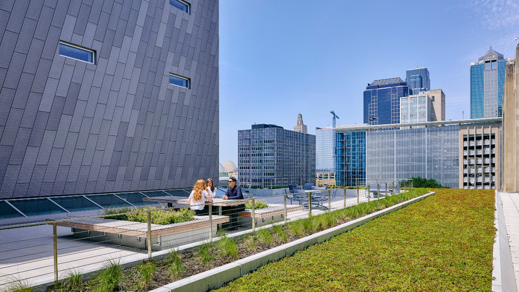 A big component of mental wellbeing is providing employees access to nature, fresh air and outside views. Pictured: KCPD Headquarters.