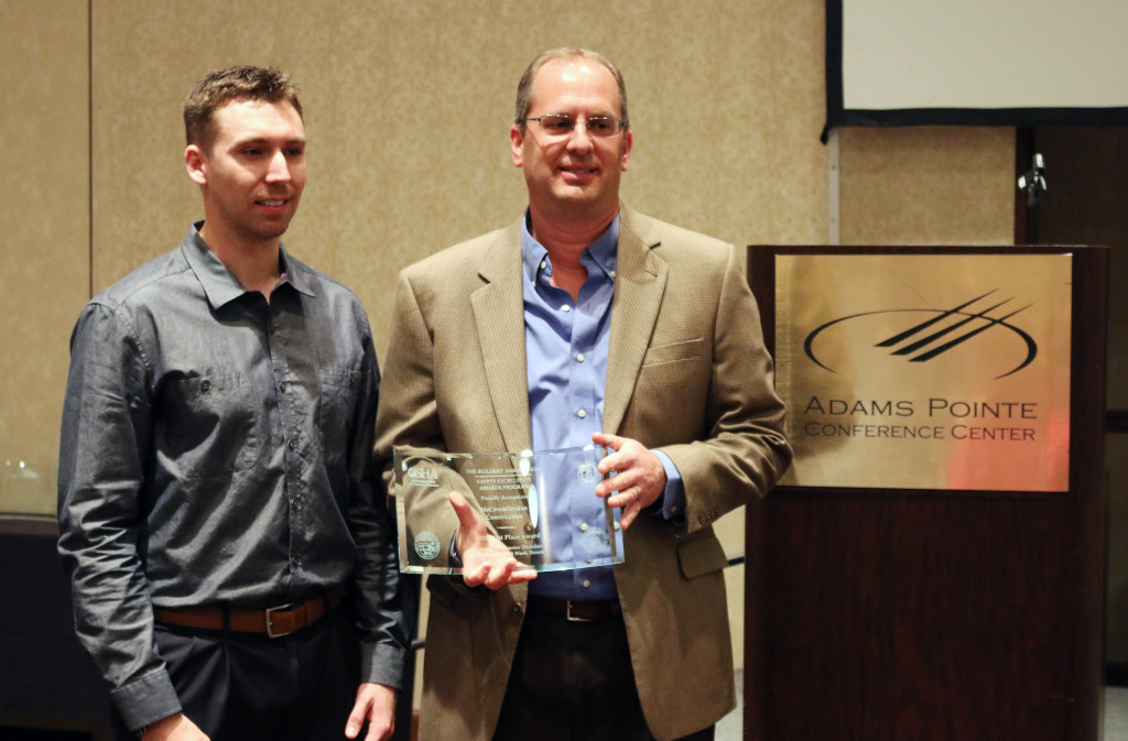 McCownGordon safety engineer Blaine Arbuckle and Safety Director Brian Schrader, Safety Director accept the first place award in the general contractor division at The Builders Association’s 9th Annual Safety Excellence Awards.