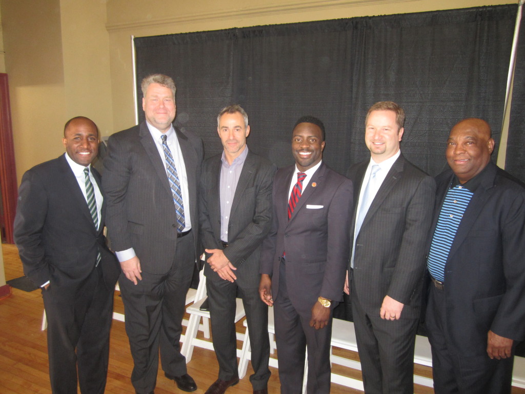 3rd District Councilman Quinton Lucas, City Manager Troy Schulte, LISC Executive Director Stephen Samuels, 3rd District Councilman Jermaine Reed, Sunflower Development President Jason Swords, and Bishop Mark Tolbert.