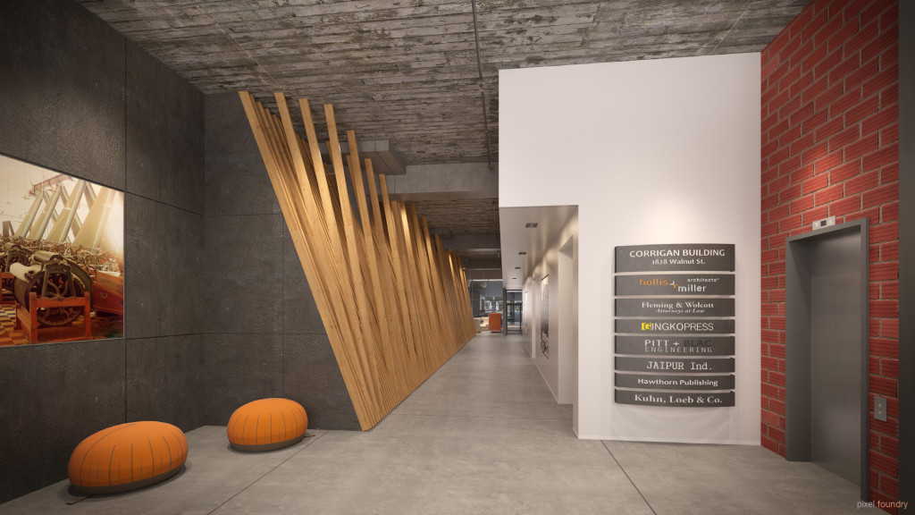 The lobby of Corrigan Station includes design elements that nod to the building’s past when it housed the world’s largest dress manufacturer, Nelly Don.