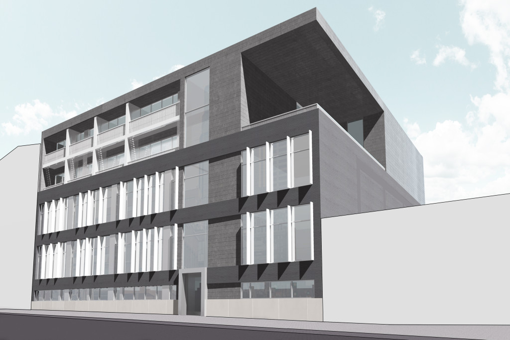 Linden Street Partners has plans to turn this former warehouse at 1721-1723 Walnut into 38 new apartment units. Rendering by KEM Studio.