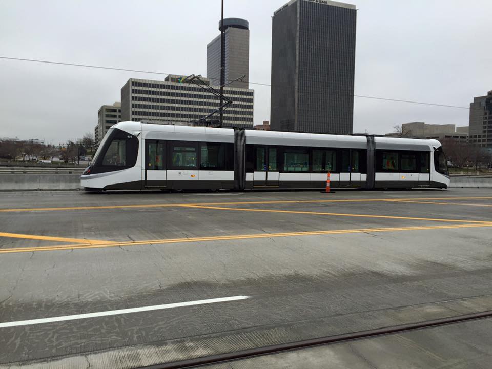 Streetcar 801 is undergoing testing, but is performing “flawlessly,” Schulte said. Expect to catch a ride by April. Photo courtesy of KC Streetcar .