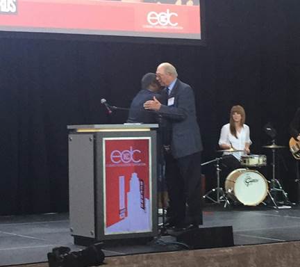 Mayor Sly James presented Ollie Gates with the 2016 EDCKC Cornerstone Lifetime Achievement Award on May 11, 2016, at Union Station.