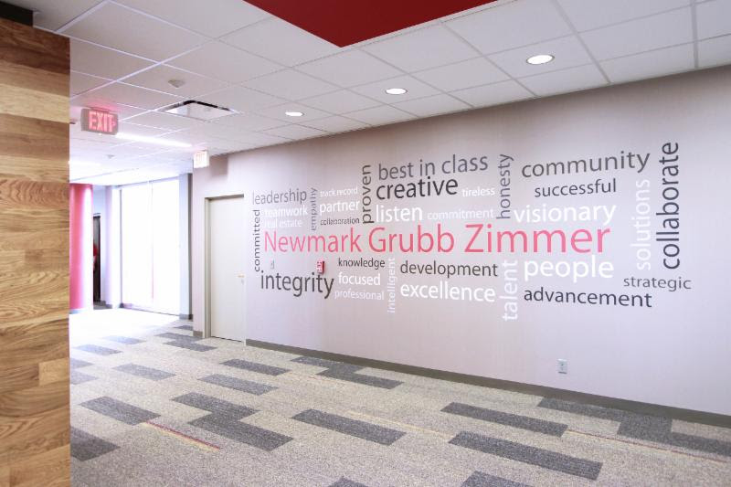 A word cloud on the office wall reminds the firm's employees and clients what it stands for.