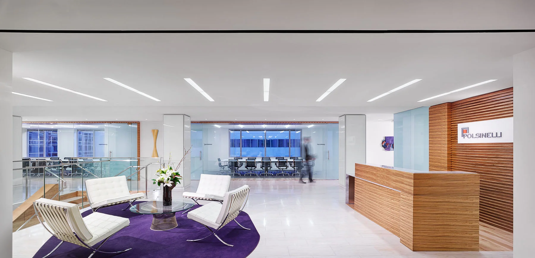The welcoming lobby of Polsinelli PC's office in Washington, D.C. See a full gallery of the portfolio of new offices at the end of the article.