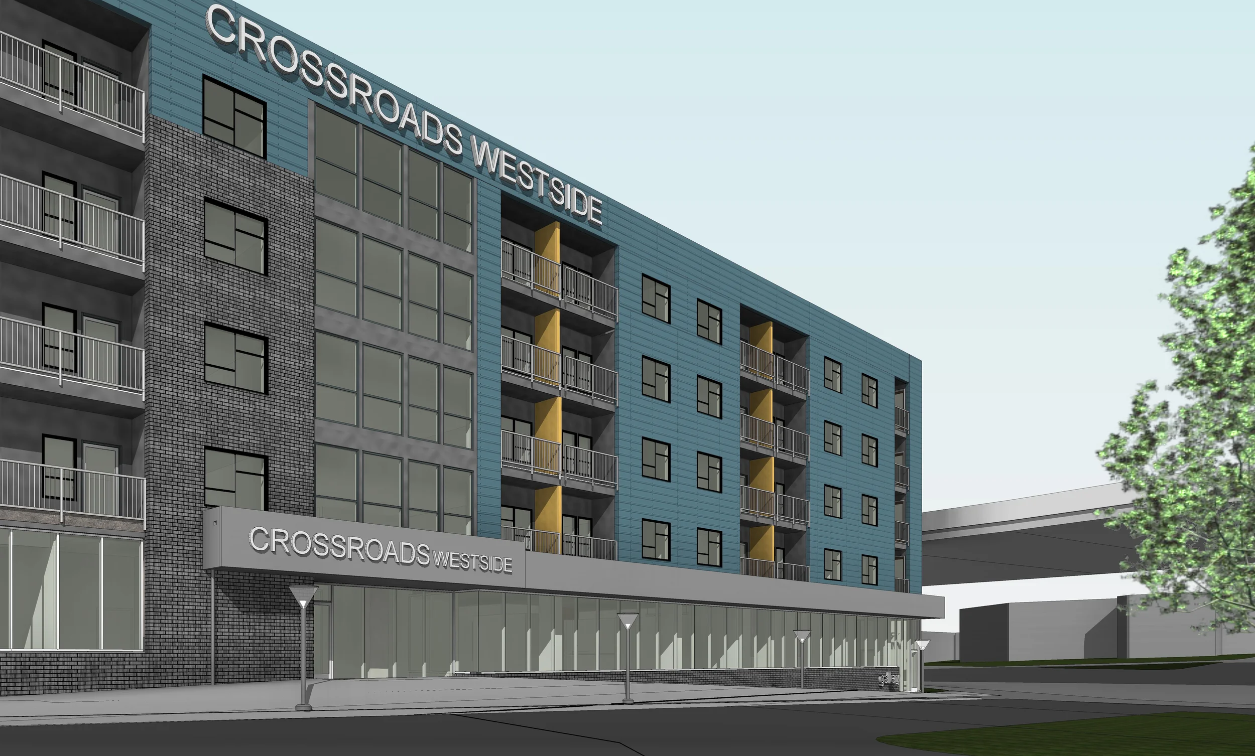 Crossroads Westside is a new 275-unit apartment project going up on Southwest Boulevard. Thomas hopes he can attract a first-floor retailer that will give the project some "Crossroads street cred." Rendering courtesy of Cityscape Residential.