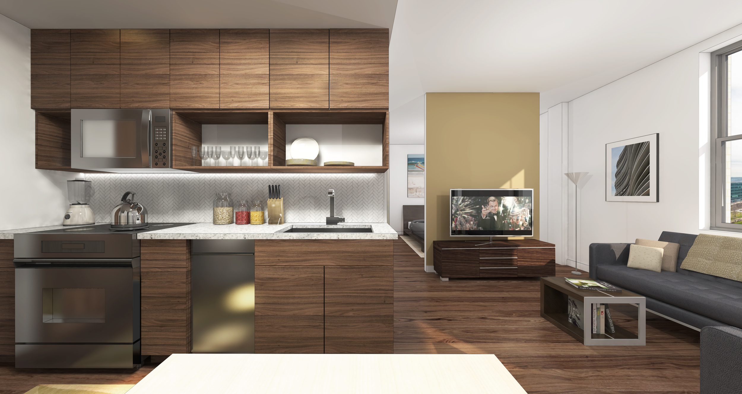 Units in the Pickwick range from 350 to 1,000 square feet. Pictured above: a flex unit, priced between $895 and $1,200.