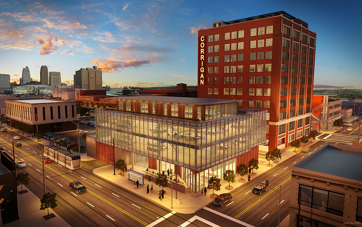 The historic Corrigan Station will be redeveloped alongside a new 37,500 attached structure housing office and retail space.