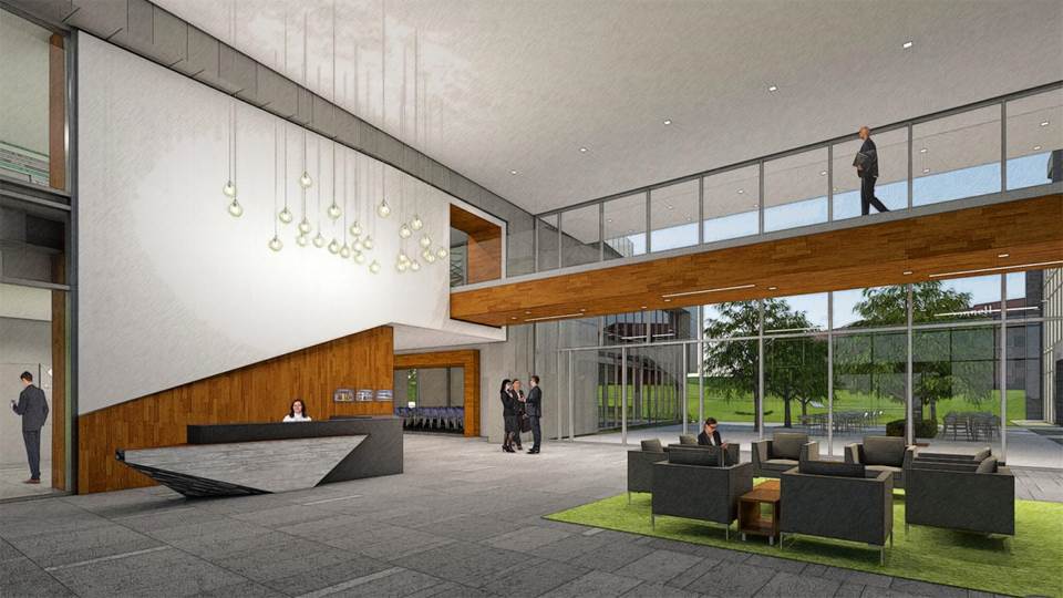 The new office buildings will include office space, a child day care, and gathering space for community events.