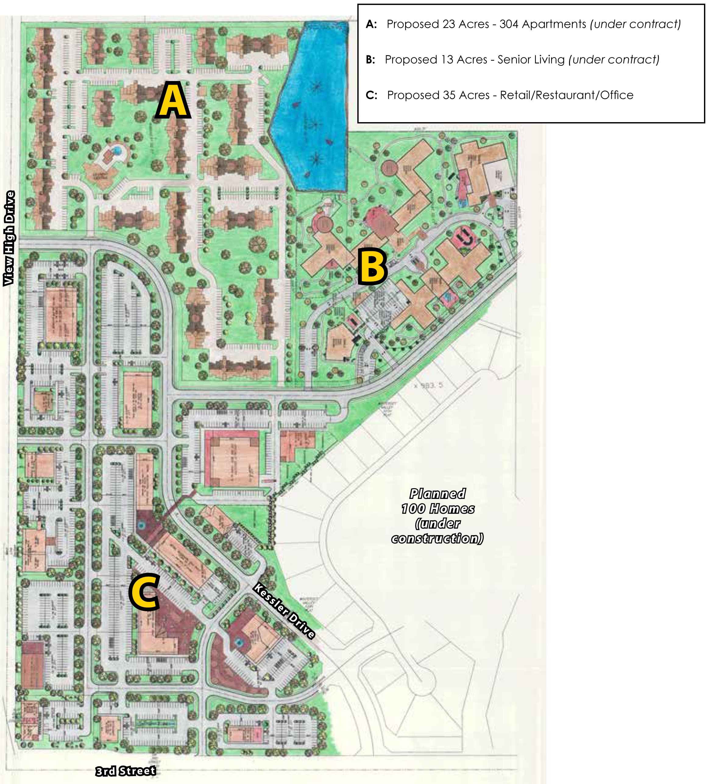 Area A is a 23-acre proposal for 304 apartments, area B is 13 acres of senior living, and area C is a proposed 35 acres of retail, restaurant, and office space. Click the image to enlarge.