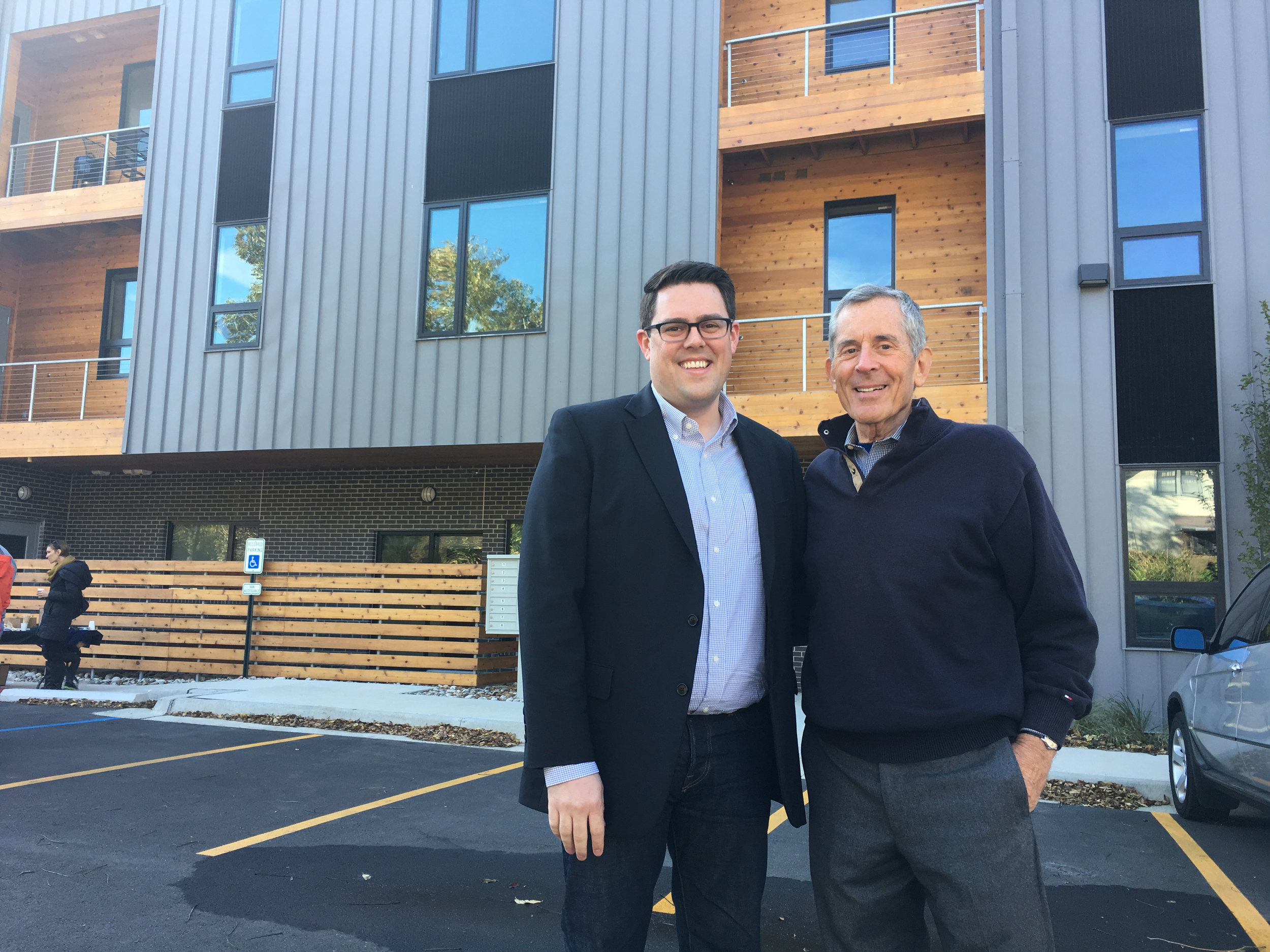 Eric Linebarger, architect at HOK, and John Hoffman, developer and partner at UC-B Properties, officially opened 63Brookside Friday morning. The new multifamily building is the first in Brookside in more than 40 years.