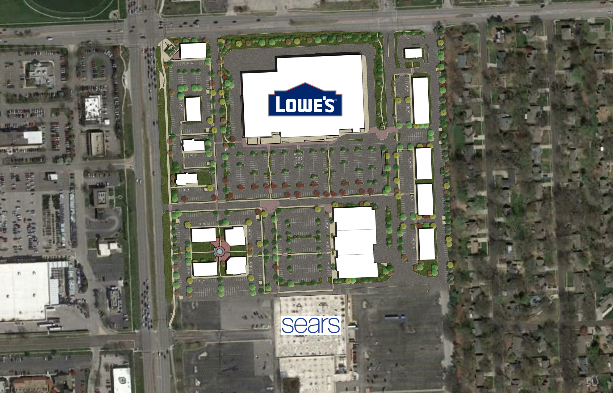LANE4's revised and newly approved plan for the southeast quadrant of 95th and Metcalf features Lowe's as the anchor tenant surrounded by 13 smaller shops and restaurants.