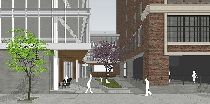 The Roasterie Cafe at Corrigan Station will have outdoor seating alongside a planned courtyard, which will sit between the historic building and the planned new construction building to the west.
