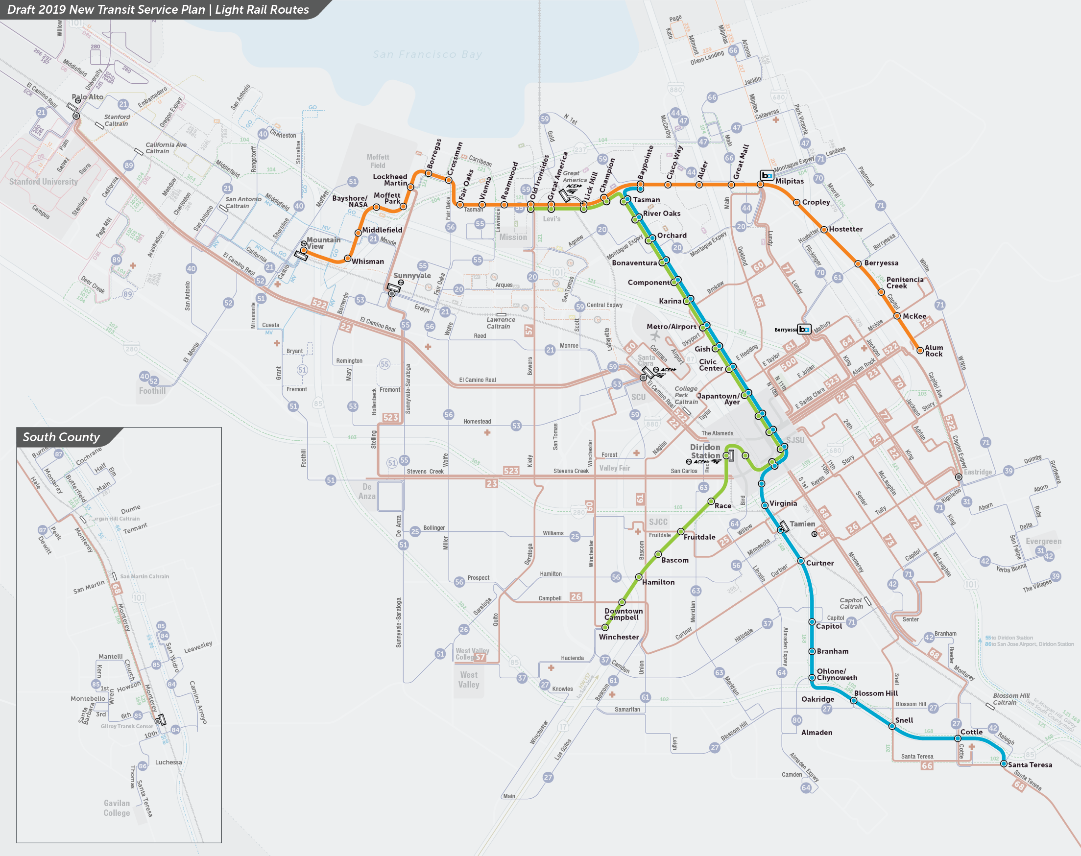 vta light rail map Proposed Light Rail Routes Draft 2019 New Transit Service Plan