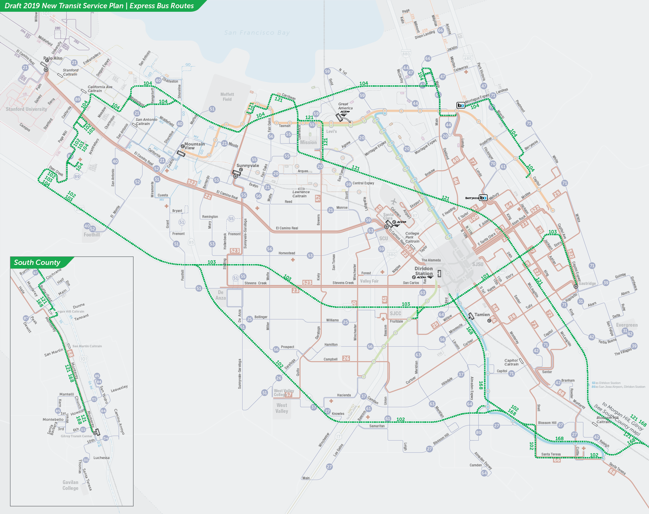 PDF: Proposed Express Bus Routes Map | PDF: Downtown San Jose Map