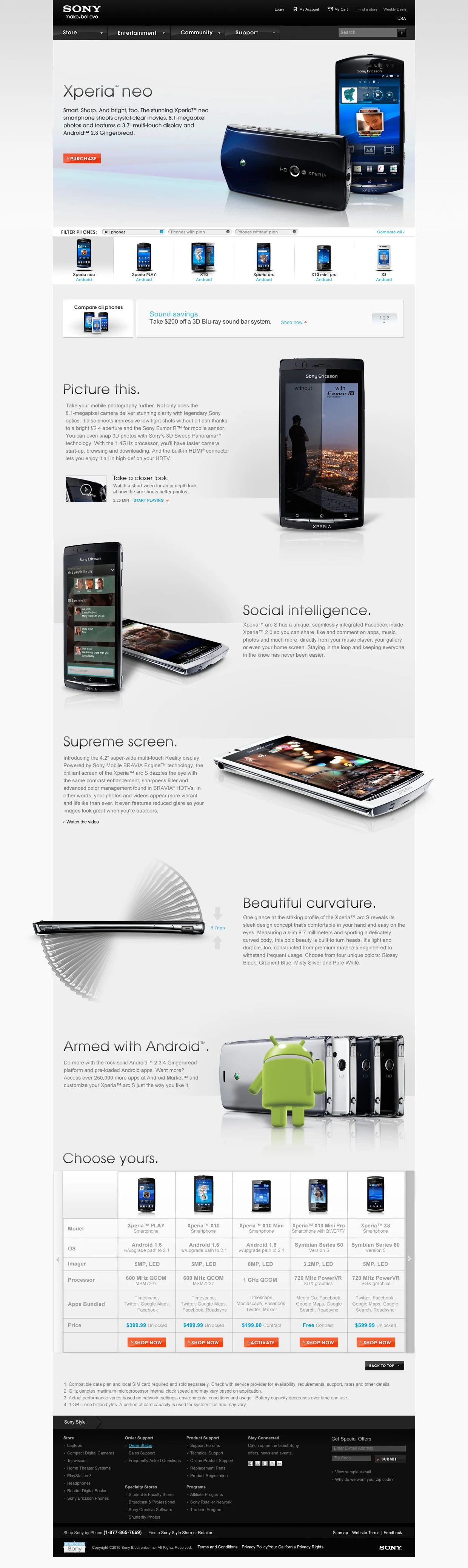  Landing page for Xperia NEO smartphone on sony.com 