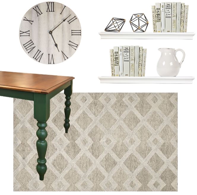 setup instructions: - Place the rug beneath your existing dining set - mount 2 of the white shelves along whichever wall has more horizontal space - hang the clock centered on the other wall