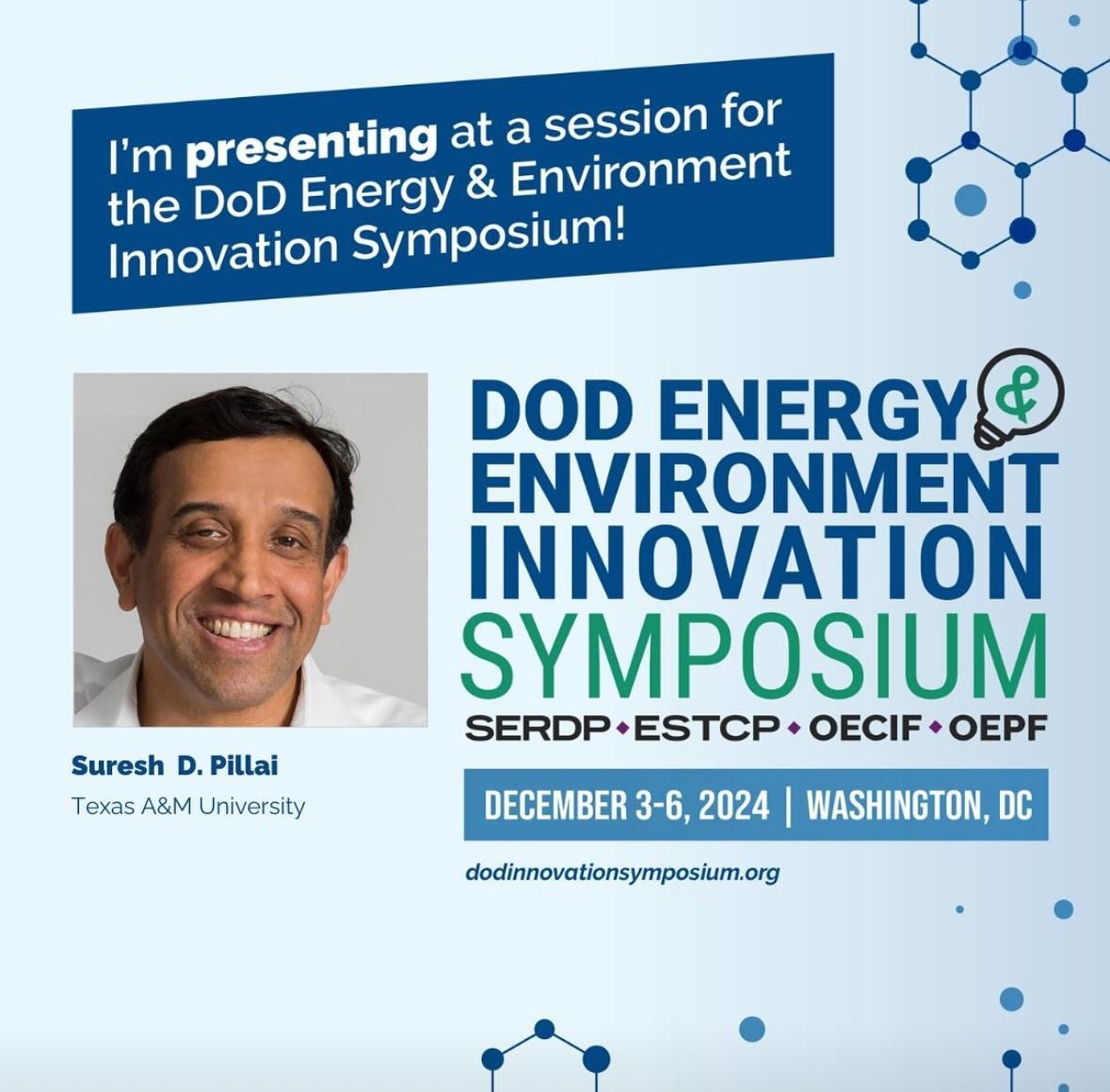 Dr. Suresh Pillai will be presenting at the upcoming DOD Energy Environment Innovation symposium. His presentation is titled, &ldquo;Harnessing Electrons for the Destruction of PFAS and Other Organic Chemical Contaminants of Concern&rdquo;

This pres