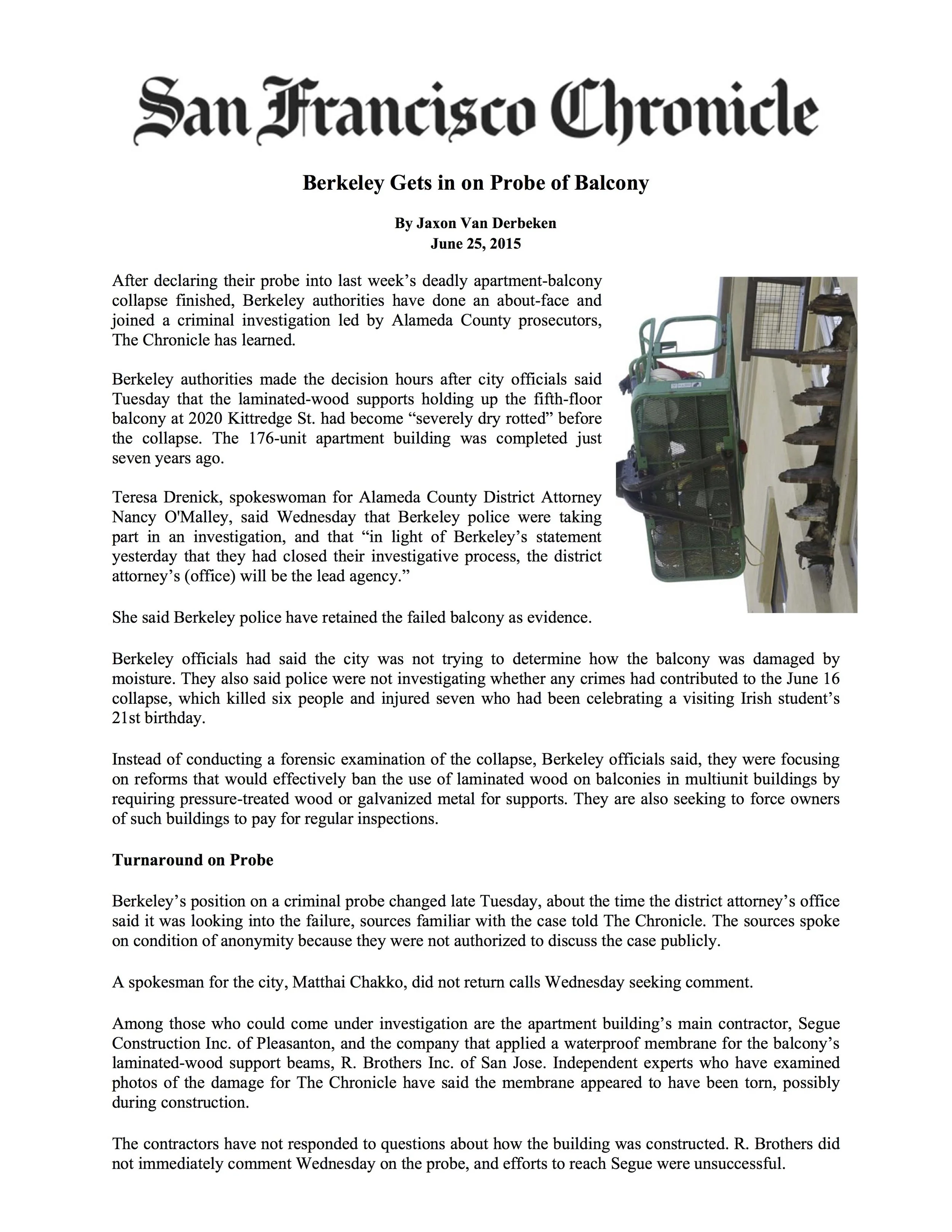 SF Chronicle - Berkeley Gets in on Probe of Balcony