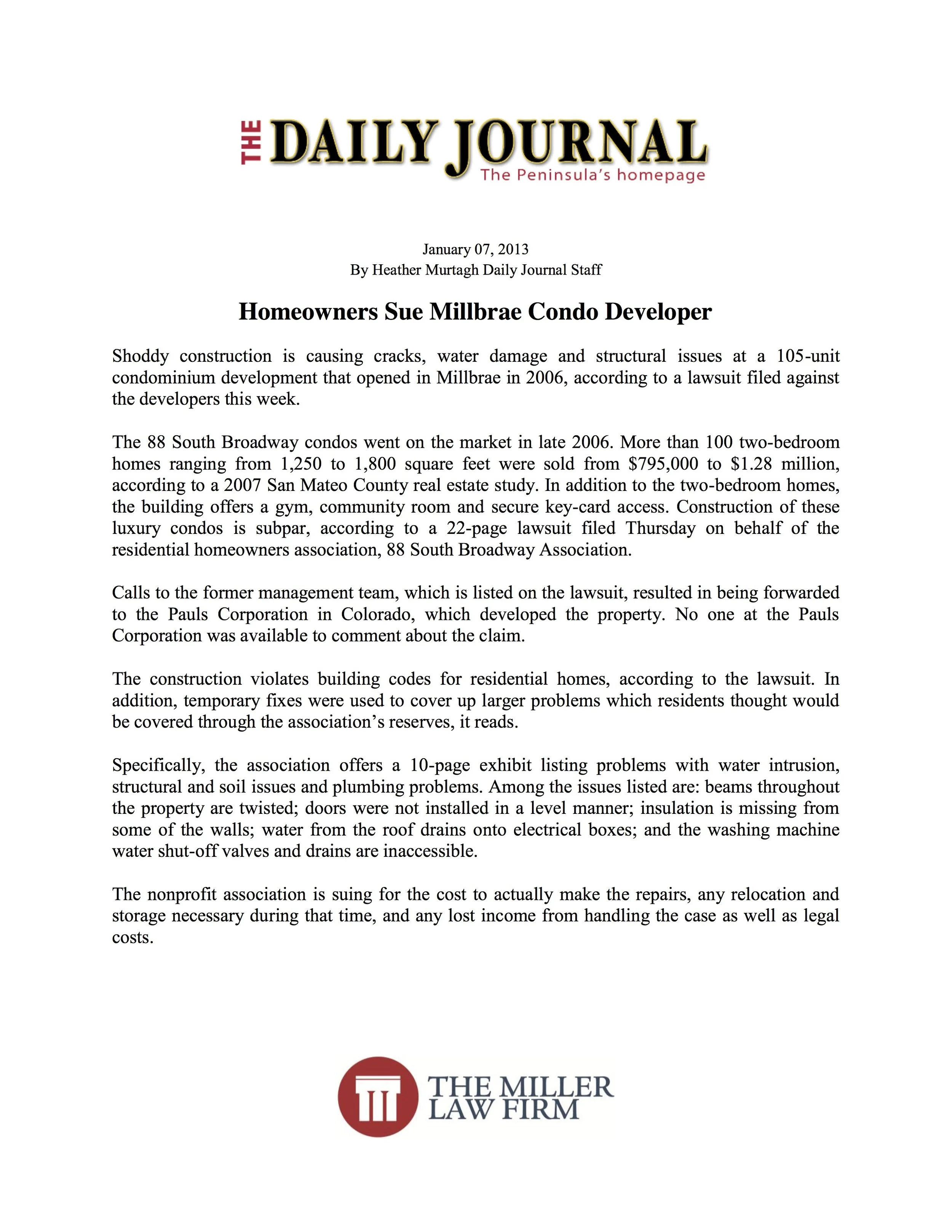 Daily Journal - Homeowners Sue Millbrae Condo Developer