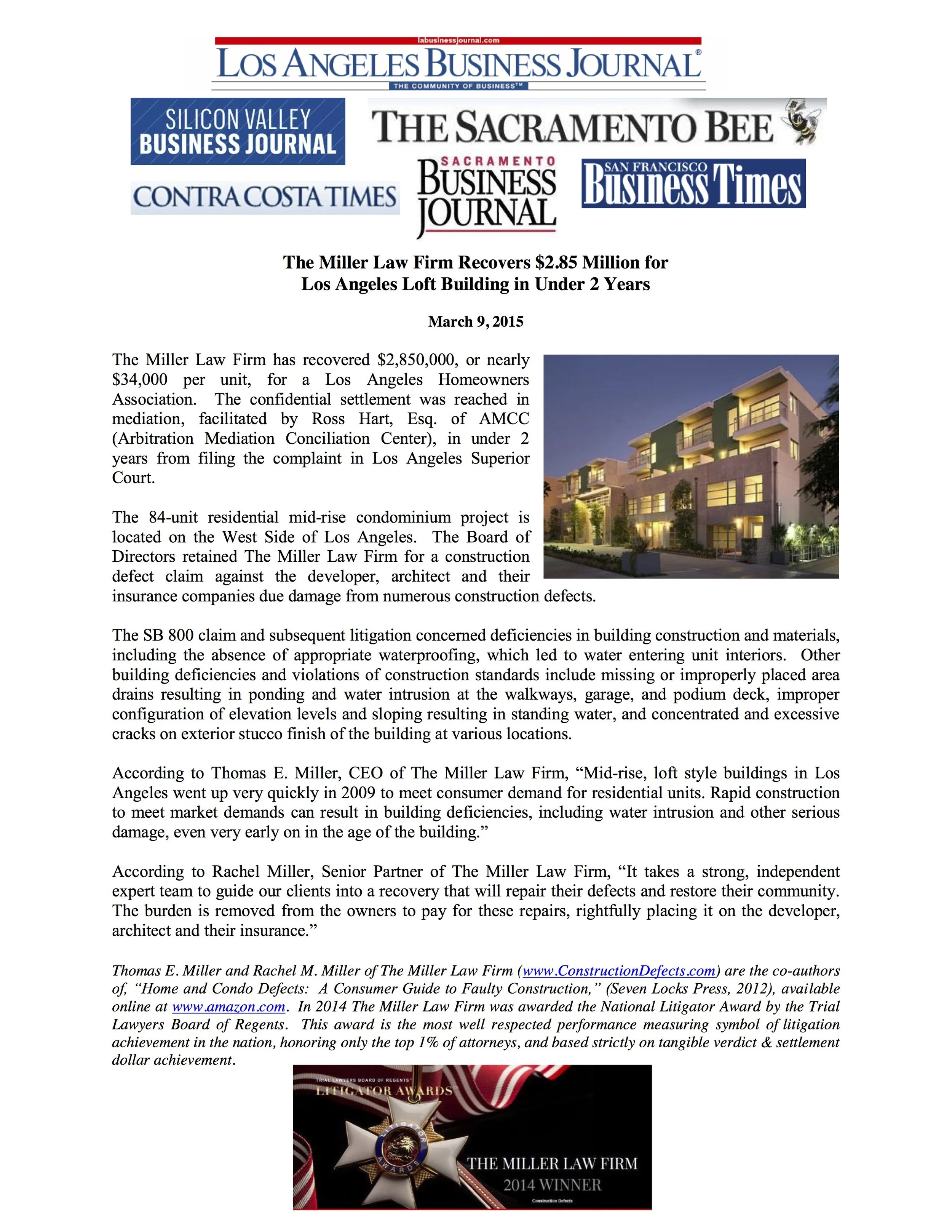 LA Business Journal - The Miller Law Firm Recovers $2.85 Million for Los Angeles Loft Building in Under 2 Years