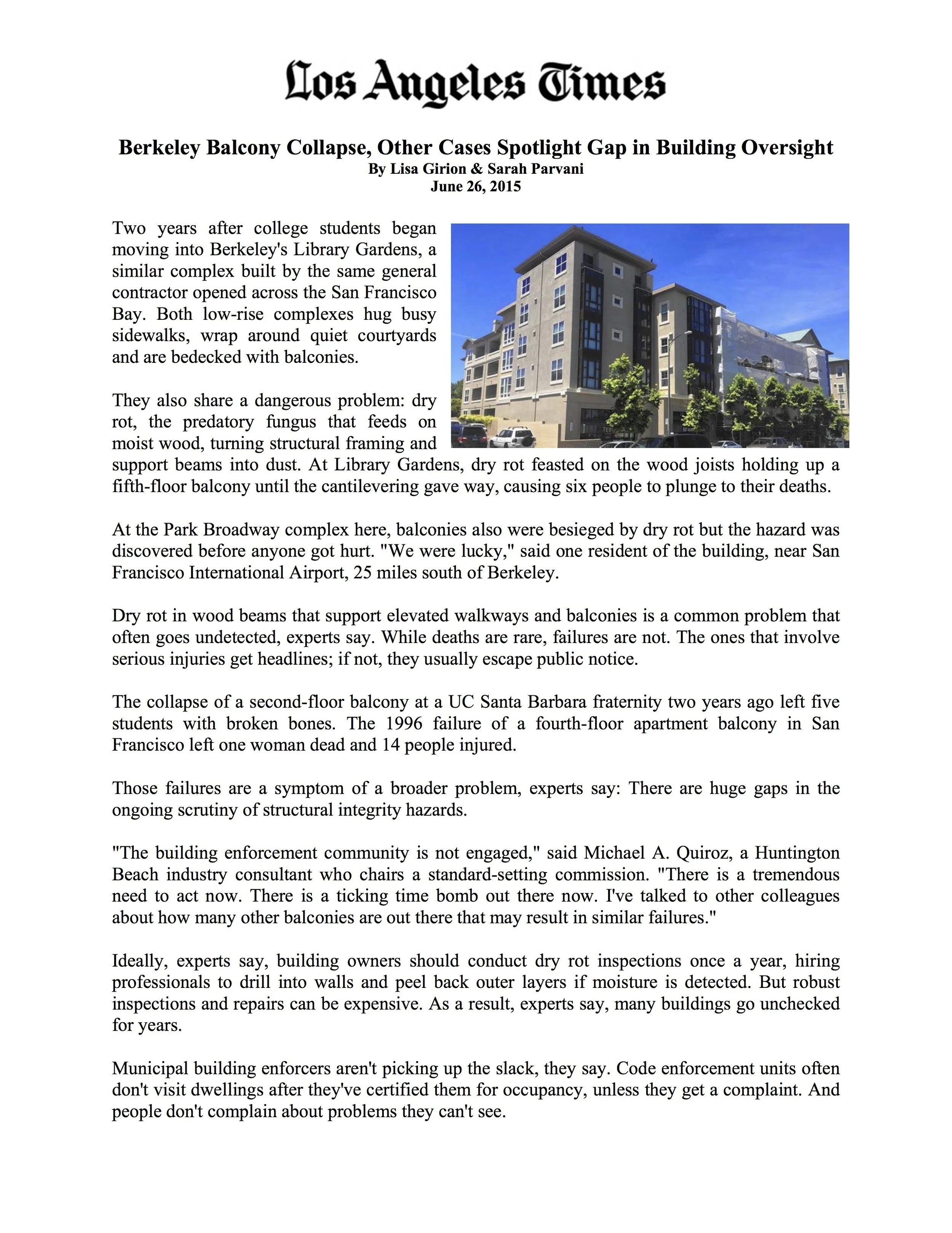 LA Times - Berkeley Balcony Collapse, Other Cases Spotlight Gap in Building Oversight
