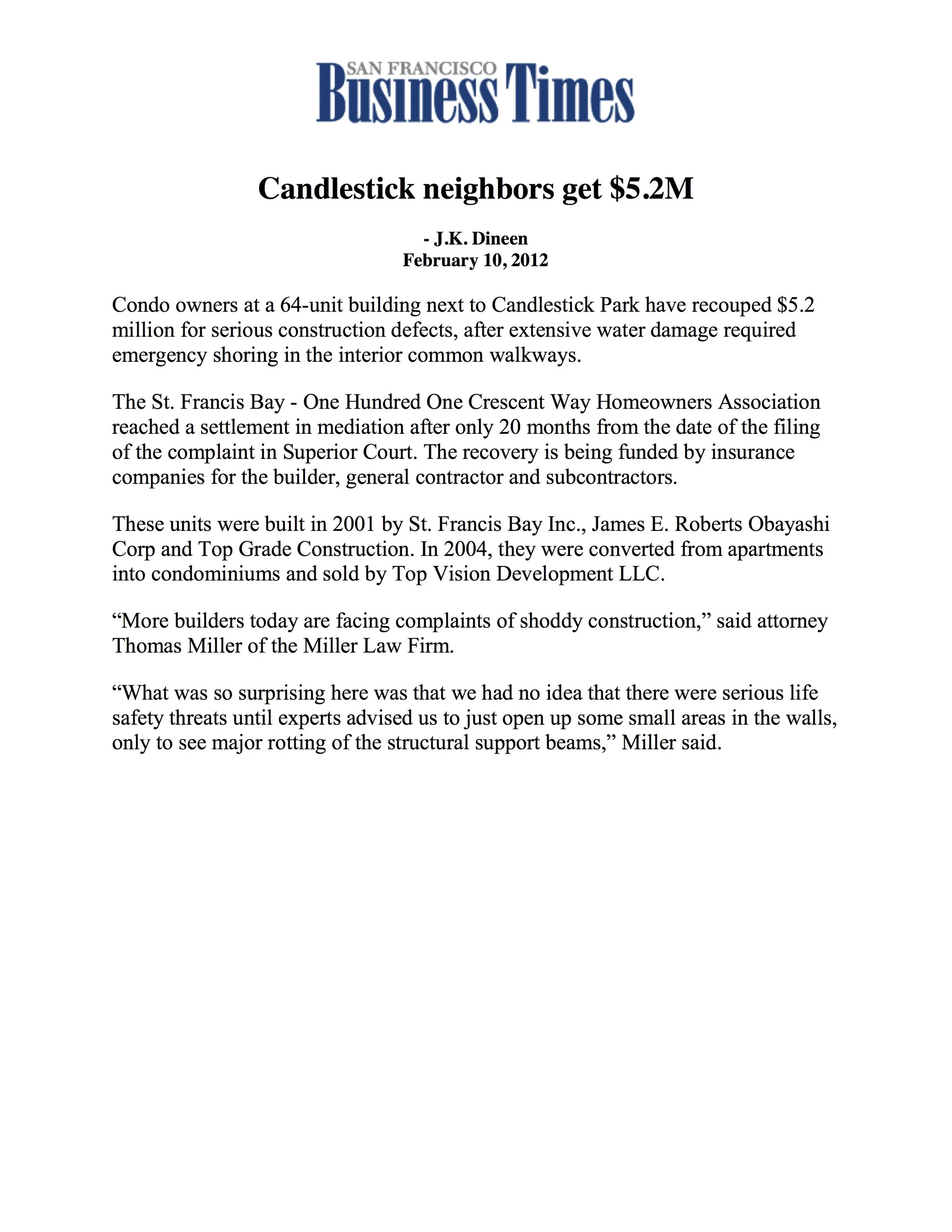 SF Business Times - Candlestick Neighbors Get $5.2M
